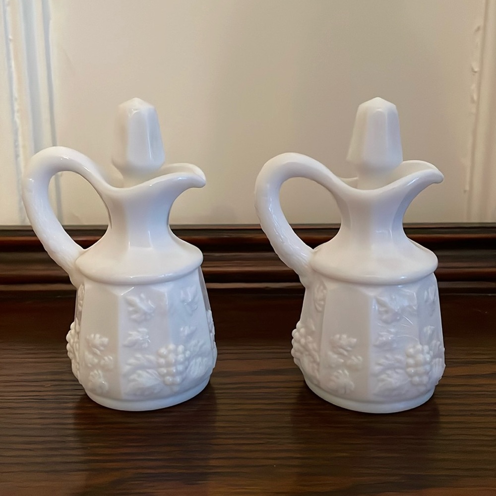 Vintage Milk Glass Westmoreland Grape Design Oil & Vinegar Cruet with Stopper